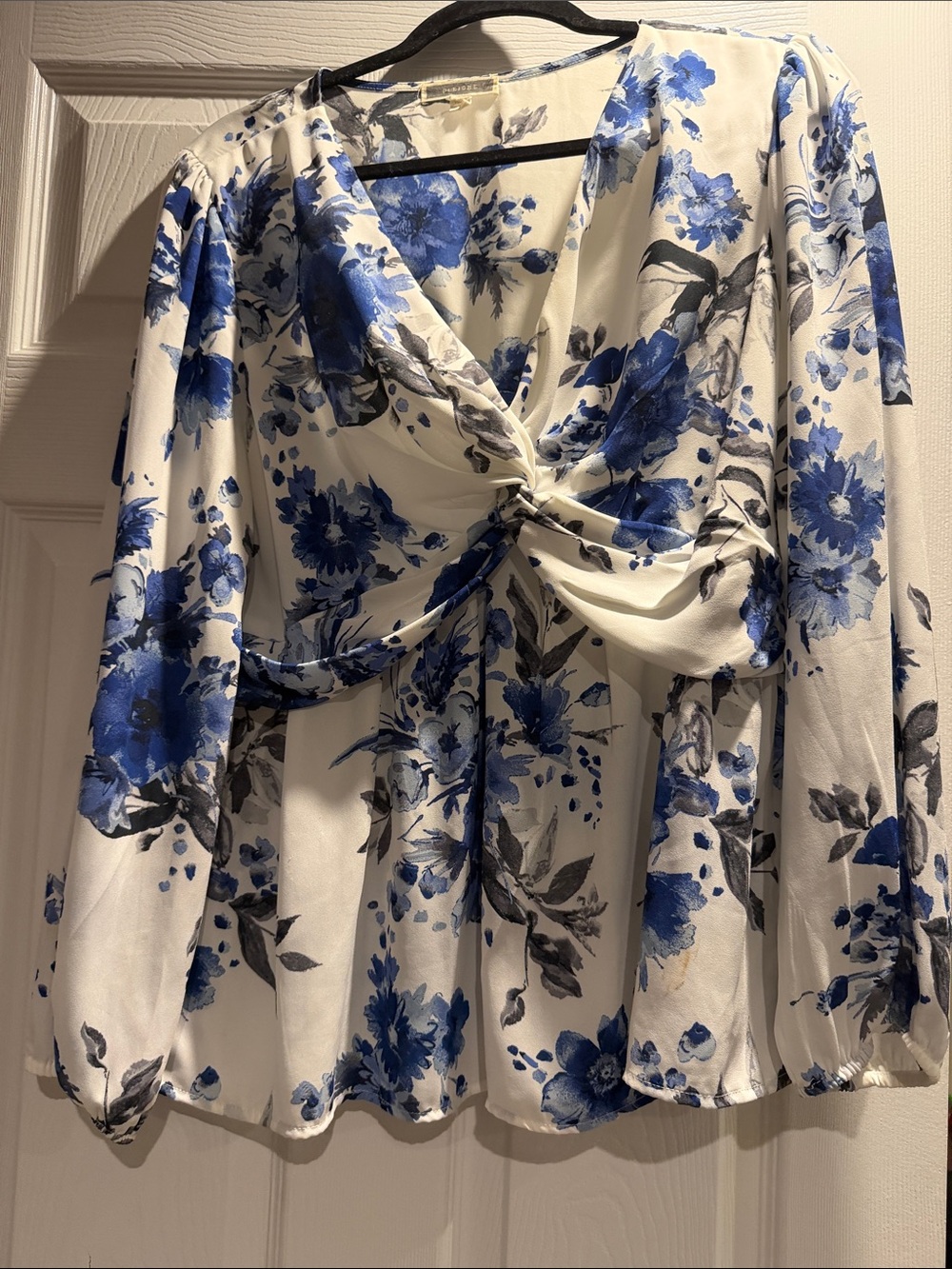 Pleione White Blouse with Blue Floral Print